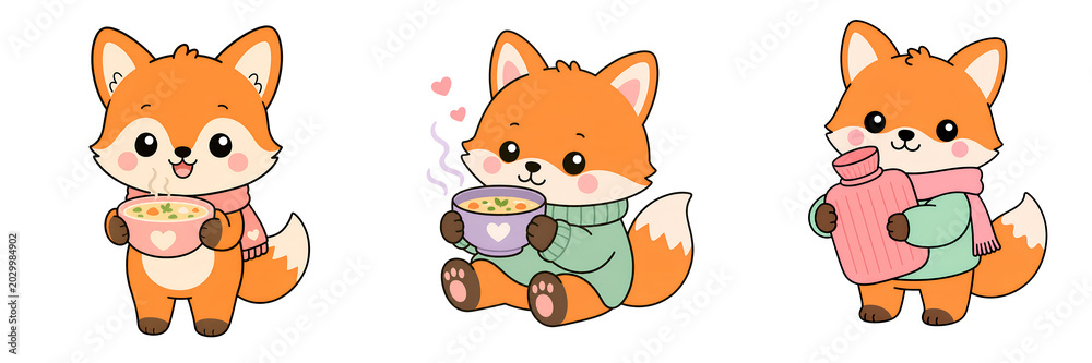 Fototapeta premium Cute fox cartoon soup sweater scarf winter cozy happy animal adorable holding bowl holding cup holding bottle sitting standing pink green orange