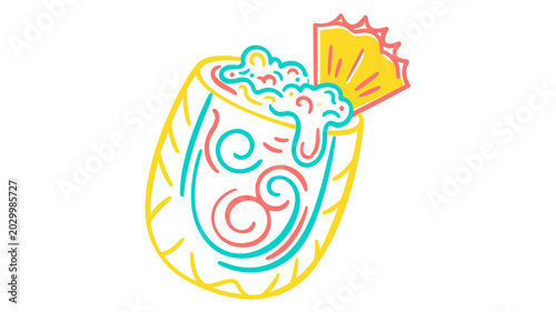 Chilled exotic island beverage in a tall glass with foamy topping and fruit slice, vibrant summer refreshment line icon for seaside getaways, tiki bar menus, and tropical holiday concepts.