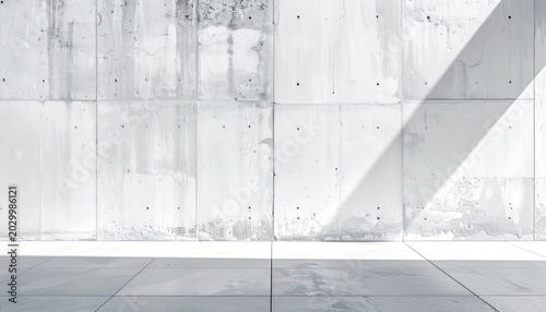 Minimalist interior with textured concrete walls and geometric shadows.