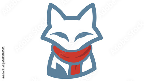 Modified scalable depiction of a genial vulpine visage adorned with a striking scarlet muffler; utilizing tidy azure borders and a simplified aesthetic perfect for current identities and emblems.