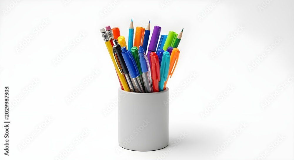 Fototapeta premium Colorful pens in a gray holder on a white background