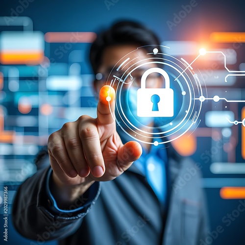 Professional businessman touching a glowing digital padlock icon for cyber security