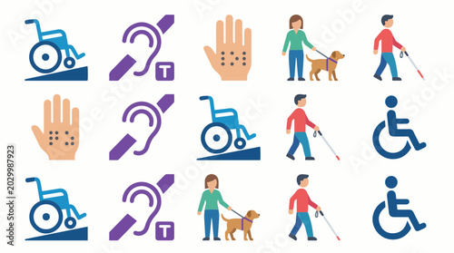 Collection of accessibility icons representing people with disabilities including wheelchair access hearing impairment visual impairment and assistance animals