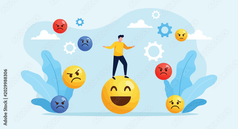 Naklejka premium Emotional intelligence concept showing man standing on large smiling emoji ball surrounded by various angry faces and mechanical gears in abstract background.