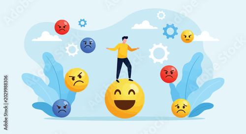 Photos Emotional intelligence concept showing man standing on large smiling emoji ball surrounded by various angry faces and mechanical gears in abstract background