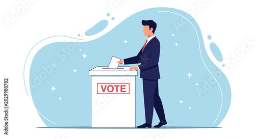 Tableau sur toile Businessman in dark suit putting paper ballot into white vote box on blue background representing democratic election process and civic duty participation