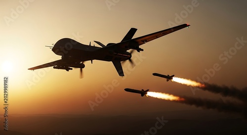 Military aircraft launching missiles during sunset