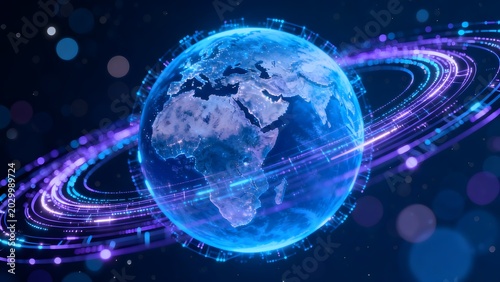 Glowing digital globe with orbiting lines