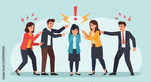 Obraz na plátně Business people bullying frustrated female colleague at work office conflict environment stressful situation unprofessional group behavior toxic workplace culture
