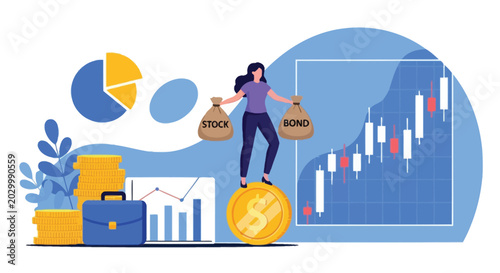 Foto Financial investment strategy with stock and bond bags balance concept woman balancing portfolio asset management wealth growth economic planning illustration