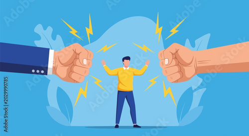 Fotografi Professional conflict management concept with giant fists threatening man person between intense pressure argument disagreement social tension workplace struggle