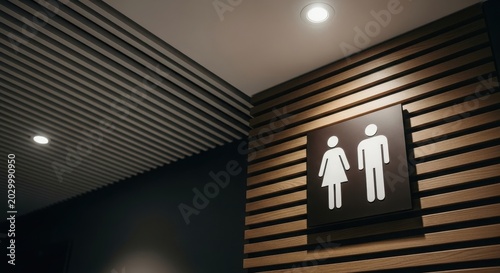 Modern restroom signage on slatted wood wall in a high end commercial building