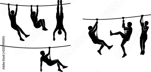Adventure rope activity silhouette collection featuring people climbing hanging and crossing obstacle course isolated vector illustration set