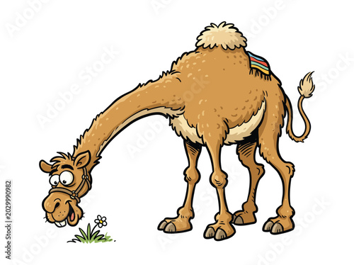 Camel with long neck bending down, funny cartoon style, thick outline, white background (2).eps