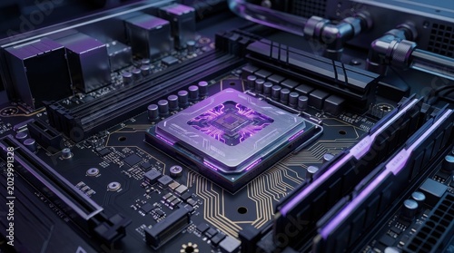 Futuristic hardware CPU with purple glow and microelectronics circuitry, processor chip technology, digital hardware data cyber