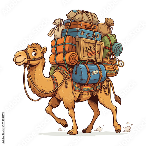  Camel carrying heavy load bags, travel concept cartoon style, white background