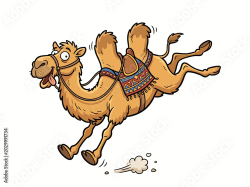 Crazy running bactrian camel with tongue out cartoon graphic