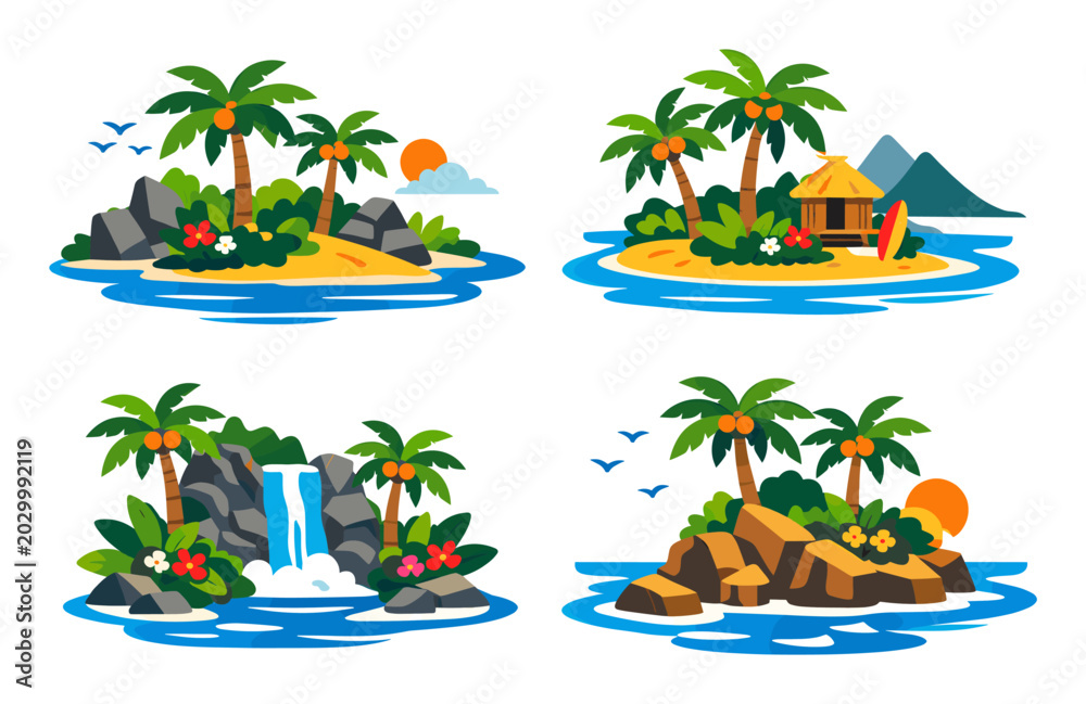 Obraz premium Tropical island collection illustrating different island landscapes with palm trees, waterfalls, beach huts and ocean waves for travel and summer concept