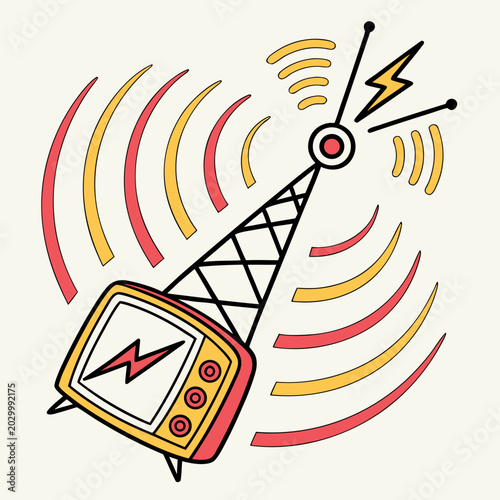 Fotografie Old tv with antenna sending broadcast signal waves.
