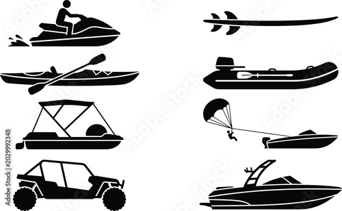 Fotografie Set of black silhouette depicting various watercraft and recreational vehicles,