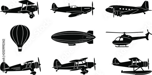 Fotografie Collection of nine black silhouette representing various types of aircraft, incl