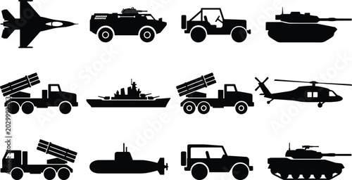 Foto Collection of black military vehicle silhouettes including fighter jets, tanks,