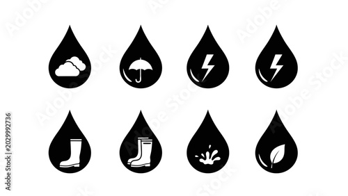 Black and white vector icons of water drops symbolizing weather and energy, rain weather water