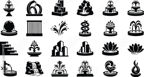 Foto Collection of twenty unique fountain and water feature silhouettes in black and