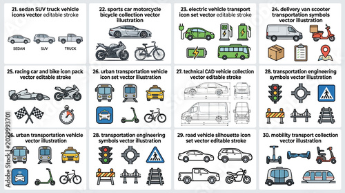 Tableau sur toile Road traffic signs and vehicles icons.