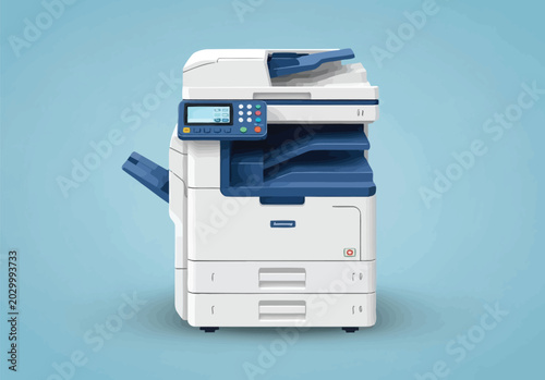 Foto Modern office photocopier machine for document scanning and high quality digital printing industrial equipment with paper trays on blue background isolated