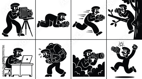 Schilderij op canvas Set of black and white cartoon showing a photographer character using different