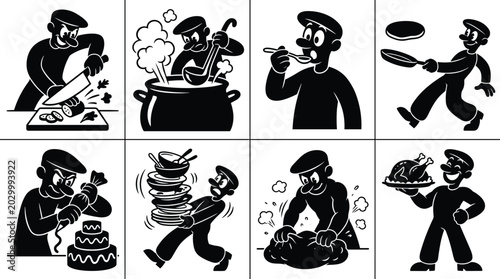 Bild auf Leinwand Set of black and white cartoon showing a chef cooking, chopping vegetables, tast