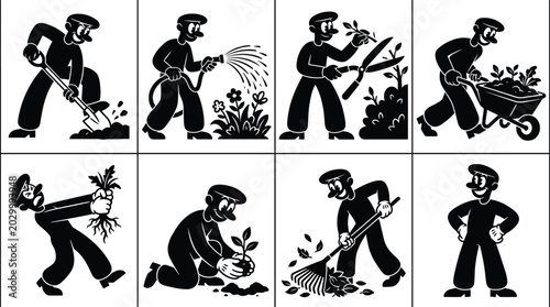 Schilderij op canvas Set of black and white cartoon showing a gardener digging, watering plants, trim