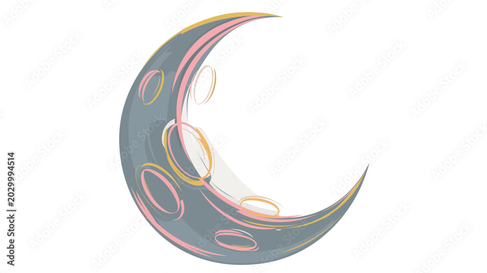 Fototapeta premium Artistic sliver of the moon featuring colorful surface indentations for night sky aesthetics. Decorative crescent lunar icon for astrology charts, dreaming themes, and evening design.