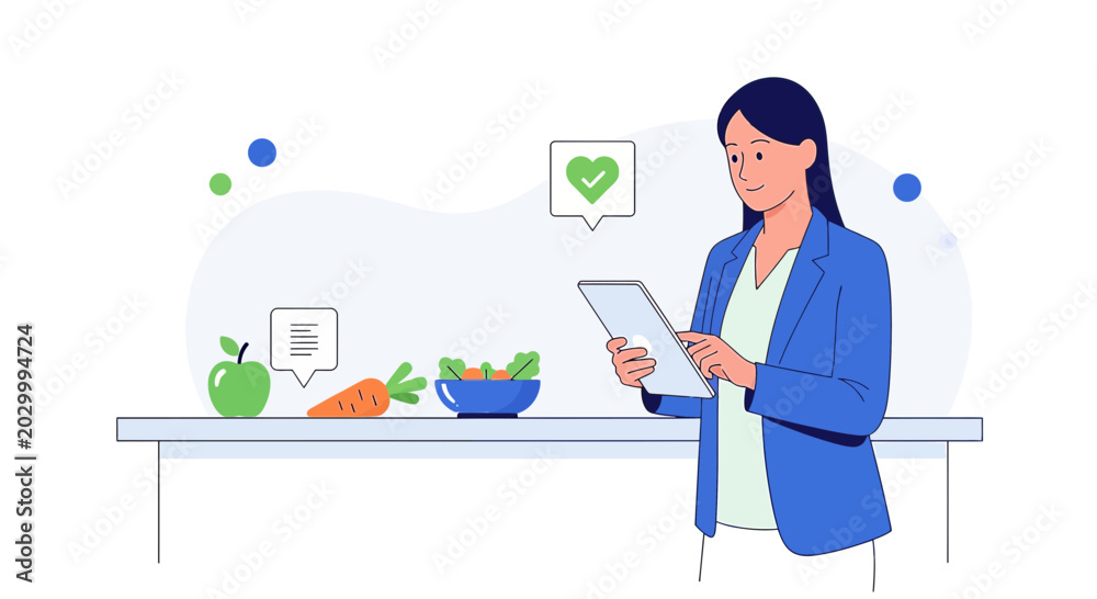 Fototapeta premium Nutritionist using tablet for healthy eating plan, digital health record, online consultation