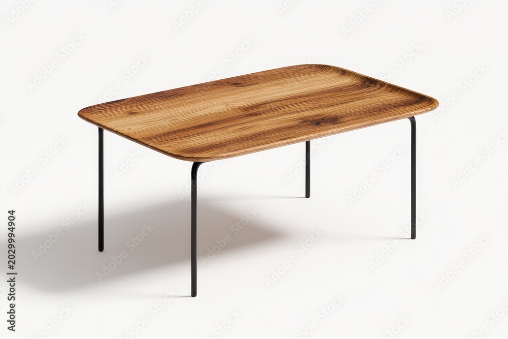 Fototapeta premium Simple, elegant side table with natural wood grain on a studio white backdrop