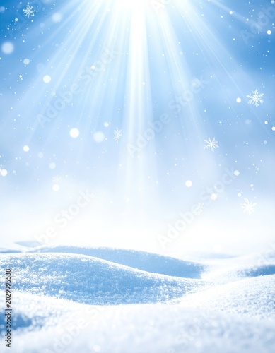 Gentle snowflakes fall from a bright blue sky onto soft snowdrifts, illuminated by heavenly light rays.