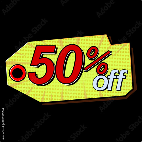 Sale tag 50% percent off, vector illustration comics.