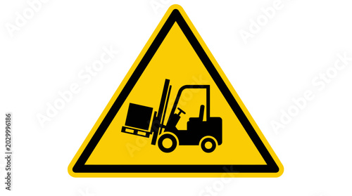 Warning sign indicating the presence of forklifts and potential hazards in an industrial or warehouse environment.