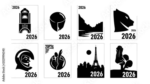 Conceptual black and white icons for the year 2026 featuring diverse symbols and silhouettes