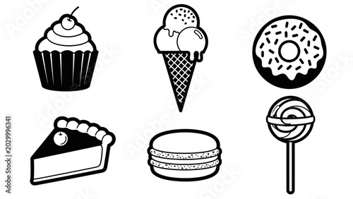 Elegant sweet food icons presenting cupcake, ice cream, donut, pie, macaron and lollipop on white