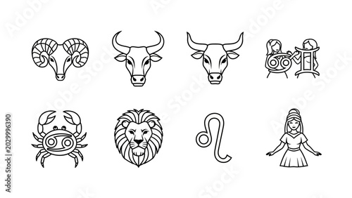 Illustrations representing zodiac signs with a clean and minimalistic black and white design