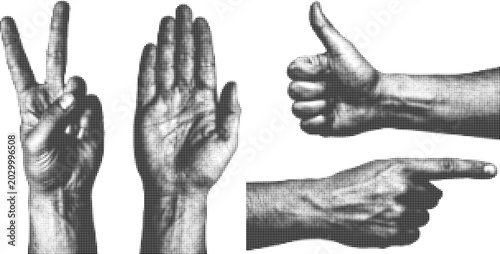 Set of black and white human hand gestures created with halftone dotted pattern on transparent background for creative use.