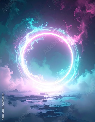 Ethereal glowing portal in mystical cloudy landscape, pink and cyan