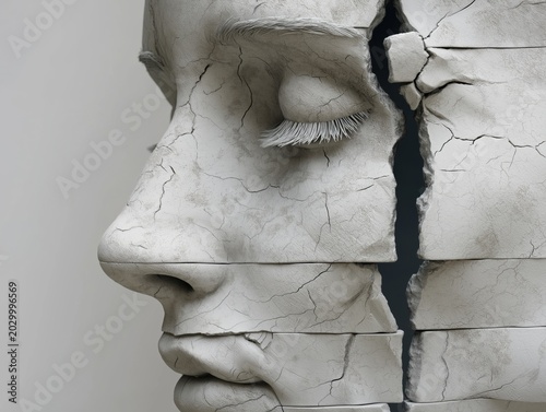 Detailed stone sculpture showing a cracked human face with closed eyes in a very realistic artistic portrait style