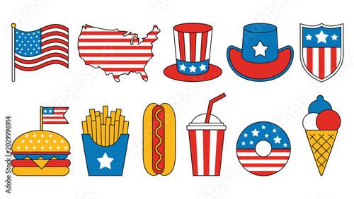 usa independence day patriotic icon set with american flag map burger fries hotdog soda hat shield and festive 4th july celebration symbols