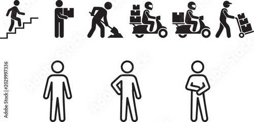 Tableau sur toile Stick figure icons set representing manual labor worker activities, courier pack