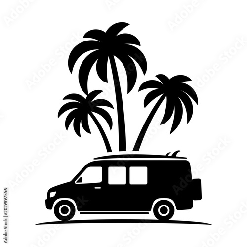 Camper, surfboard, and palm tree icon. Black silhouette. Front and side view. Vector simple flat graphic illustration. Isolated object on a white background.