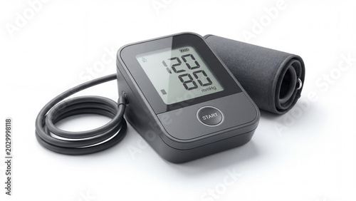 Modern digital blood pressure monitor displaying systolic and diastolic readings