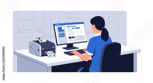 Nurse Using Computer and Printer for Medical Records and Patient Information